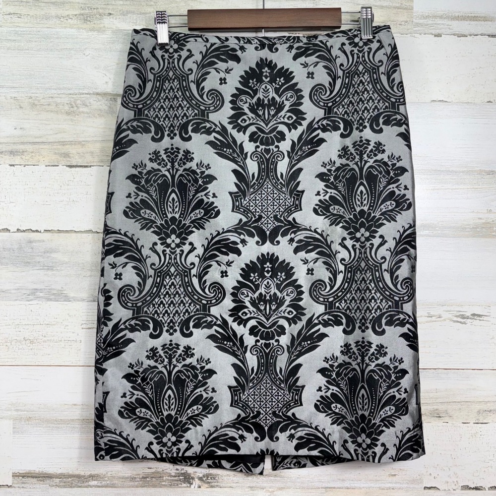 Ann Taylor LOFT Silver Black Damask Brocade Silk Blend Pencil‎ Skirt Size 10